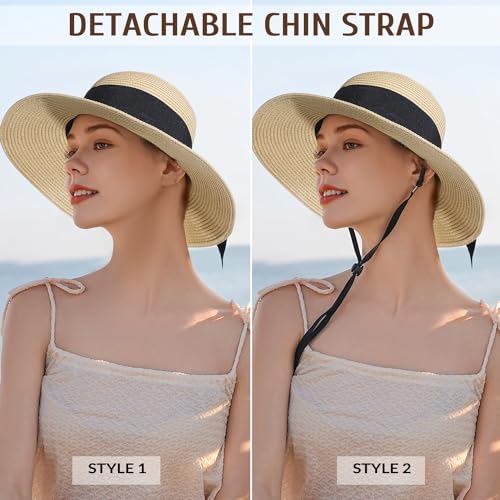 Beach Hats for Women, Sun Straw Hat for Women, UPF 50+ UV Sun Protection Sun Hat Womens, Foldable Floppy Sun Hat - color: C-beige