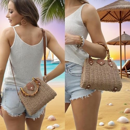 ZIDE Straw Crossbody for Women Woven Summer Beach Handmade Wicker Rattan Bamboo Joint Bag Boho Satchel for summer Holiday - color: Brown