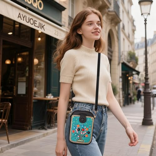 Women's Small Crossbody Cell Phone Bag, Boho Colorful Beaded Purse Wallet with Handmade Cute Patterns - color: Tree-blue