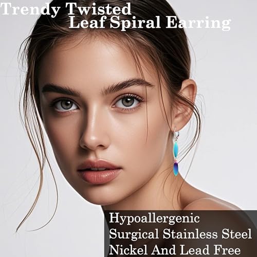 Twisted Leaf Spiral Leverback Hypoallergenic Earrings For Women -18K Gold Plated And Silver Dangle Drop Earrings, Trendy Jewelry Gift - color: RAINBOW