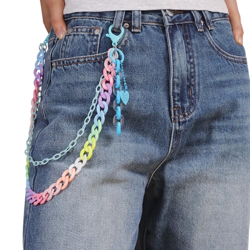 Y2k Heart Pendant Rainbow Acrylic Pants Trousers Chain for Women Chunky Colorful Resin Removable Love Charm Layered Rock Wallet Belt Pocket Waist Jeans Belly Chains Backpack Body Accessories - color: Blue