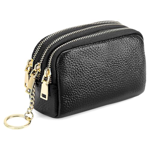 SENDEFN Small Coin Purse Leather 3 Zippered Change Pouch Wallet with Key Ring for Women - color: 1-Black