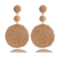 Boho Raffia Ball Earrings for Women, Handmade Statement Drop Earrings Straw Dangle Earrings Beach Vacation Jewelry - color: Brown
