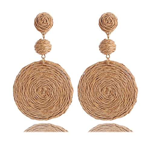 Boho Raffia Ball Earrings for Women, Handmade Statement Drop Earrings Straw Dangle Earrings Beach Vacation Jewelry - color: Brown
