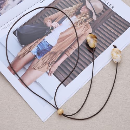 Boho Long Leather Necklace for Women Green Resin Stone Pendant Necklace Vintage Sweater Necklaces Hippie Handmade Necklaces Jewelry Accessories - color: Off-white