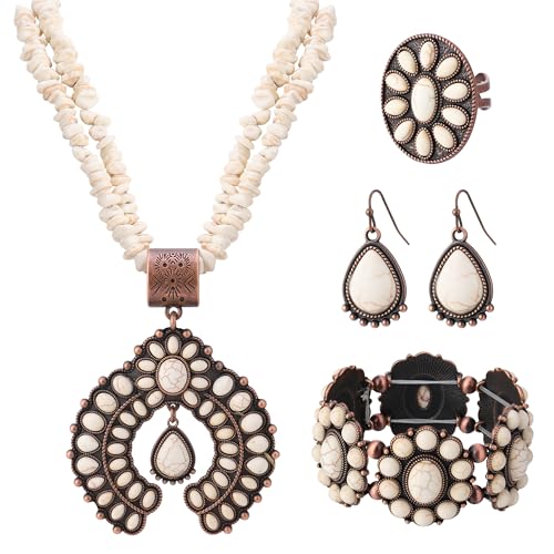 4 PCS Western Turquoise Jewelry for Women Boho Vintage Navajo Pearl Necklace Earring Bracelet Ring Set Country Cowgirl Accessories for Gift - color: G-White