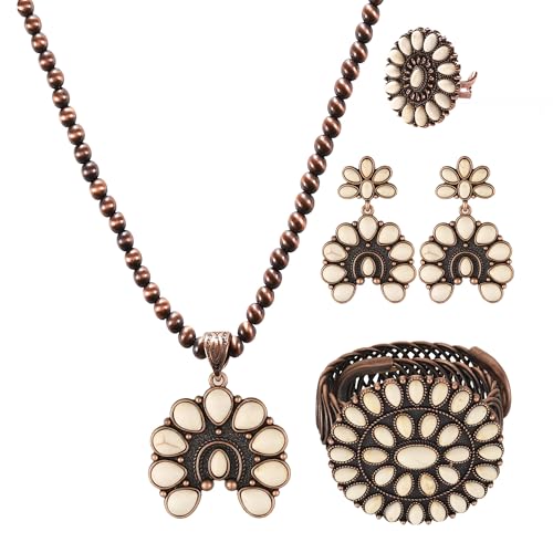 4 PCS Western Turquoise Jewelry for Women Boho Vintage Navajo Pearl Necklace Earring Bracelet Ring Set Country Cowgirl Accessories for Gift - color: B-White