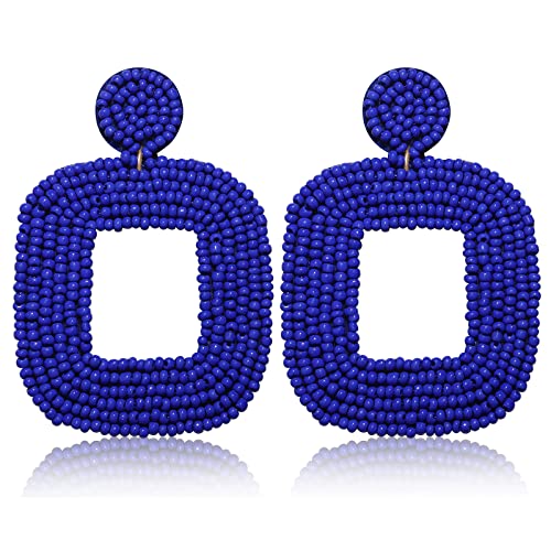 Beaded Drop Earrings Multicolored Seed Bead Earrings for Women Bohemia Statement Square Bead Hoop Dangle Earrings for Wedding Party Vacation - color: H Navy Blue