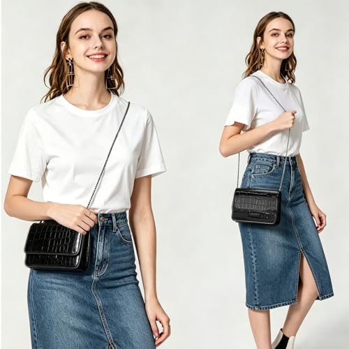 Small Crossbody Purse Bag for Women，Y2K Cute Metallic Croc-Embossed Handbag with Chain Strap - color: Medium Black（fit Your Phone）