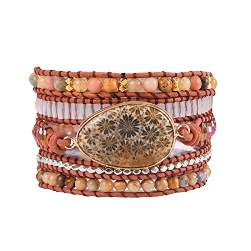YGLINE Natural Stone Beaded Healing Wax String 5 Wraps Bracelets - color: coral jade