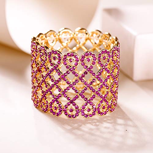 EVER FAITH Art Deco Love Knot Wide Stretch Bridal Bracelet Austrian Crystal - color: Fuchsia Gold-Tone