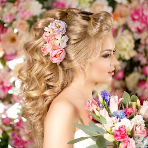 BBTO 21 Pcs Flower Hair Clip Rose Hair Clips Barrettes for Women Flower Accessories Boho Bride Claw Clip Hairpin Brooch Pin Headpiece for Wedding (Purple) - color: Purple