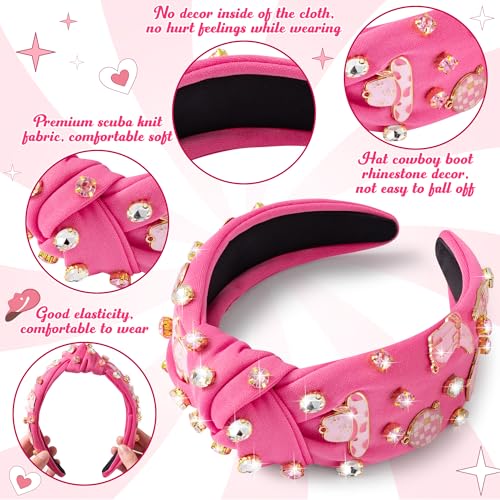PANTIDE 2Pcs Western Jeweled Knotted Headband - Cowgirl boots Hat Rhinestone Crystal Embellished Headband Wide Top Knot Hairband Hair Accessories Birthday Gift for Cowboy Women Girls (Hot Pink) - color: Hot Pink Western 2Pcs