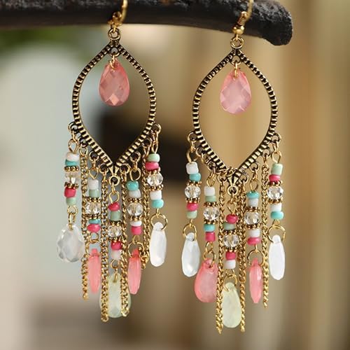 Clip on Tassel Dangle Earrings for Boho Women, Non Pierced, Colorful Feather Handmade Beads Fashion Vintage Fringe Jewelry for Parties Weddings Festivals Trendy Statement Earrings for Bohemian - color: Color C