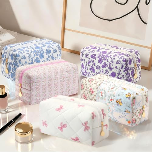 Small Makeup Bag Quilted Cosmetic Bag Floral Travel Toiletry Bags for Women Cute Pencil Case Quilted Makeup Pouch Aesthetic Coquette Cosmetic Pouch Cotton Make Up Bags Cute Zipper Pouches Purple - color: Ad-purple floer