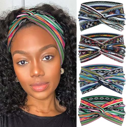 Boho Bandana Headband For Women Wide Headbands Knotted Turban Head Wraps Cute Criss Cross Head Scarf Hairband Fashion Hair Wrap Turban Bands Workout Bandana Hair Accessories For Women 4 Pack - color: Style 117