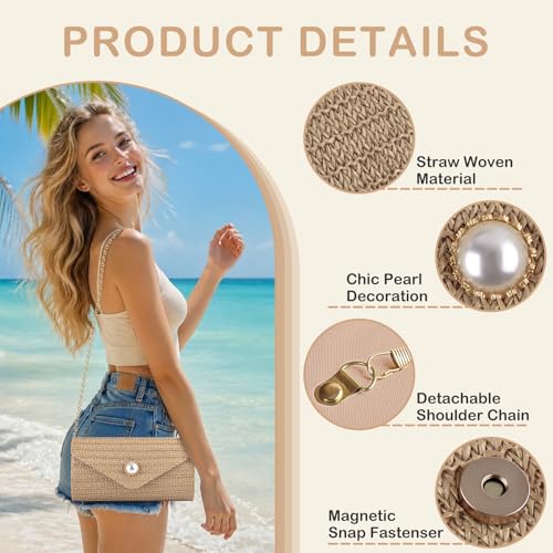 PACETAP Straw Clutch Purse for Women, Pearl Decoration Boho Crossbody Bags, Evening Clutch Purses Handbags for Wedding Party Cocktail Prom Dinner(Dark brown) - color: Straw Dark Brown