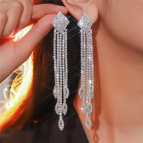 Rhinestone Tassel Earrings Sparkly Long Fringe Crystal Chandelier Dangle Drop Earrings Wedding Party Prom Earrings Premium Iridescent Earrings Wedding Party Jewelry Gifts for Women - color: Silver2