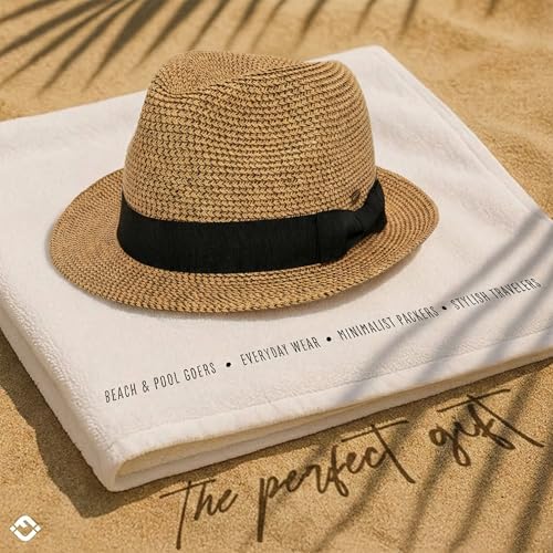 Funky Junque Straw Fedora Hats for Women - UPF 50+ Sun Hat, Short Brim Packable Beach Hat with Woven Pattern - color: Brown/Natural Mix W/ Black Band
