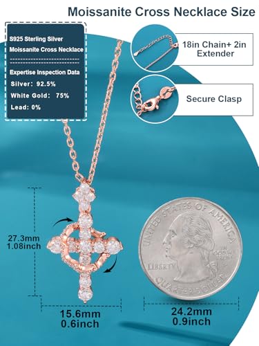 YIMERAIRE Upgraded Moissanite Crown Cross Necklace 14K Gold Vermeil 1.1 Carats Dainty Iced Out Easter Basket Stuffer Cross Jewelry S925 Sterling Silver Simple Gold Christian Faith Moissanite Cross Pendant Necklace For Women - color: Rose Gold