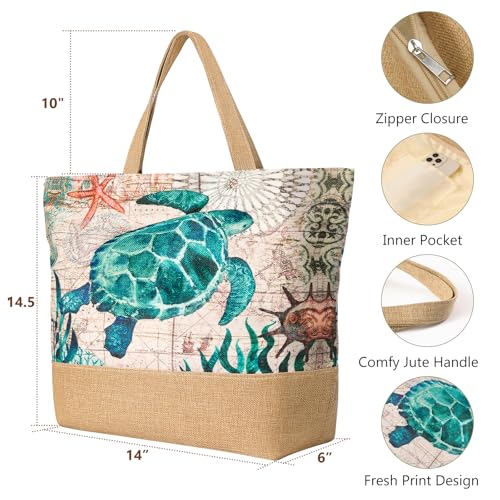 Trifabricy Beach Bag for Women, Large Beach Tote Bags with Zipper, Woven Straw Tote Waterproof, Swim Gym Shopping Travel Bag - color: Turtle