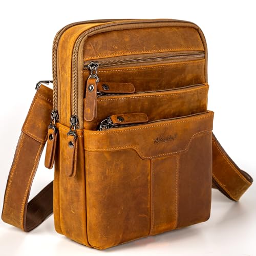 Leather Messenger Bag for Men, Small Leather Sling Shoulder Bag Messenger Pack for Men, Man Purse - color: Yellowish Brown