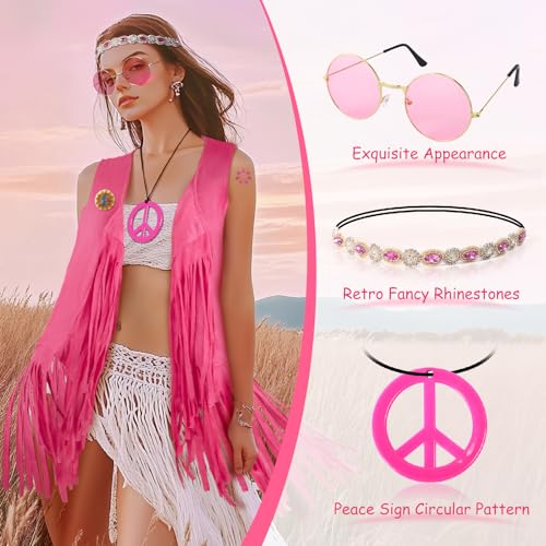 60s 70s Outfits for Women Hippie Costume Clothes Set 70s Costume Tops Women Fringe Hippie Vest for Halloween - color: Pink Vest, size: XX-Large