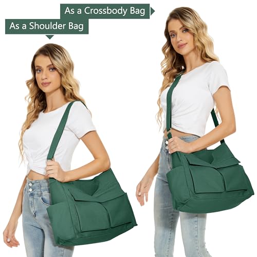 KALIDI Canvas Tote Bag Large Hobo Crossbody Shoulder Handbag Zipper Messenger Bag for Women or Men Casual College Work - color: Upgraded Dark Green