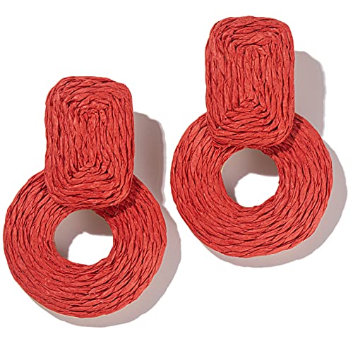 Statement Raffia Earrings Cute Boho Earrings Rattan Dangle Earrings Handmade Straw Wrap Earrings Summer Drop Dangling Earrings for Women Teen Girls - color: Red
