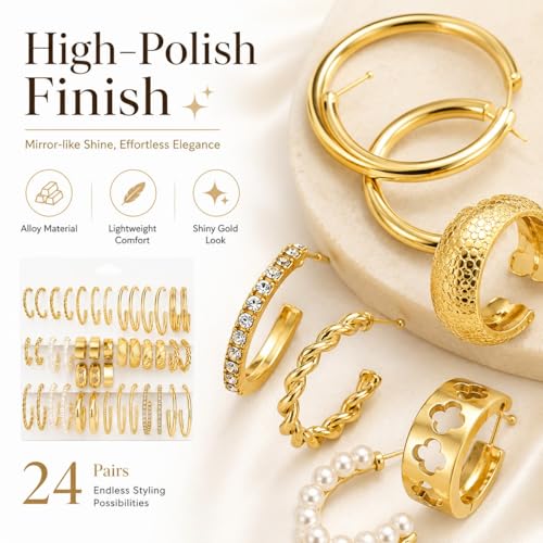 24 Pairs Gold Hoop Earrings Set for Women Hypoallergenic Chunky Chain Twisted Open Hoops Dangle Earring Packs for Birthday Party Fashion Jewelry Gift - color: 24Pcs-Gold
