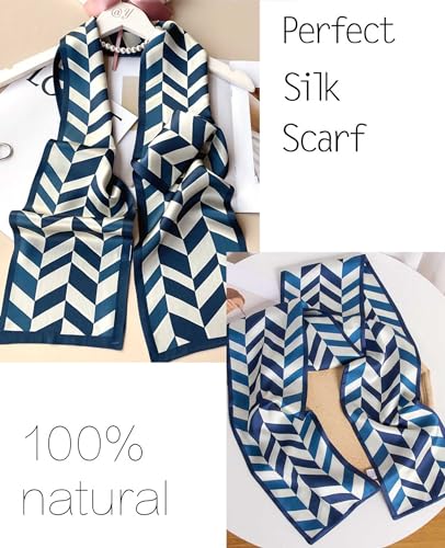 kcctoo 59” Long Silk Like Head Scarf Women's Fashion Square Neck Satin Scarfs for Bag Hair Scarves Gift 59 * 5.9” - color: Y4 Serrated Dark Blue 59" X 5.9"
