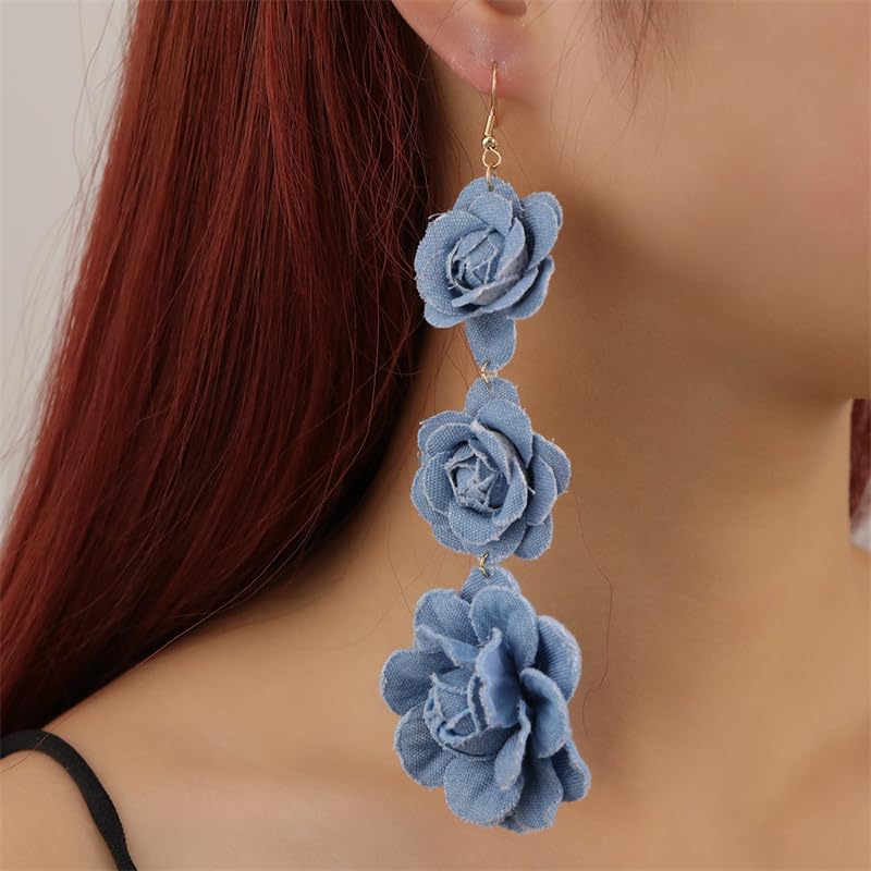 coadipress Boho Denim Camellia Flower Dangle Earrings for Women Exaggerated Big Layered Tiered Blossom Floral Drop Long Earring Chic Statement Earrings Wedding Bridal Jewelry Gifts - style: 3 Flowers