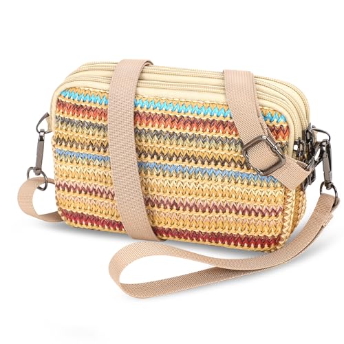 Small Wristlet Wallet for Women, 3-Zip Crossbody Phone Purse - color: Sunset Stripe/Pp Straw