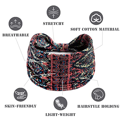 FULZTEY Boho Headbands For Women Fashion Stretch Wide Hair Bands Knotted Floral Turban Stripe Head Bands Yoga Running Sweatband Large African Headwrap Hair Accessories for Teen Girls 4Pcs - color: Style 6
