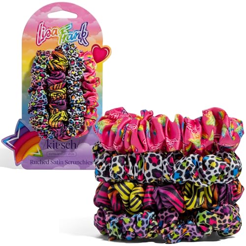 Lisa Frank x Kitsch Ruched Satin Scrunchies for Women - Softer Than Silk Scrunchies | Hair Ties No Damage for Frizz-Free Sleep | Ideal Gifts for Women - Rainbow Leopard 4 pcs - color: Rainbow Leopard