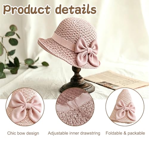 Womens Straw Hat Foldable Wide Brim Floppy Beach Sun Hats, Bucket Cap with Bowknot for Girls - color: Pink