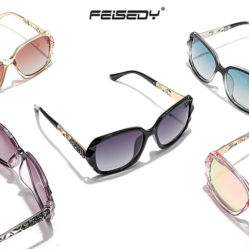 FEISEDY Polarized Women Square Sunglasses Sparkling Composite Shiny Frame B2289 - color: 2 Black/Fade Smoke