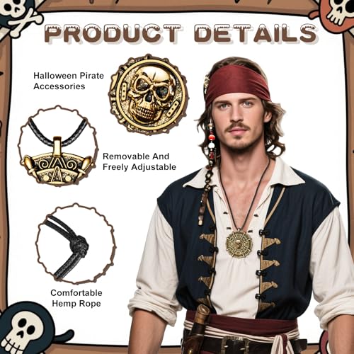 2PCS Pirate Coin Necklace,Pirate Skull Necklace for Kids,Halloween Costume Accessories for Pirate Party Cosplay