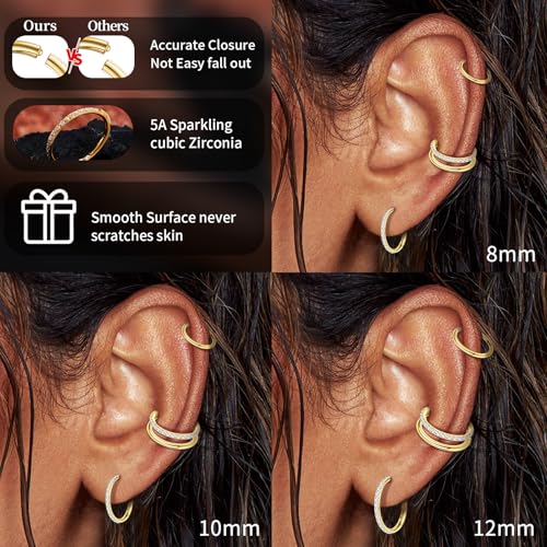 G23 Titanium 3PCS/7PCS 16G Cartilage Double-Hoop Helix Conch Piercing Jewelry With Cubic Zirconia Flat Back Stud Earrings Set For Women Men - color: A-3PCS-Gold-16G-10mm