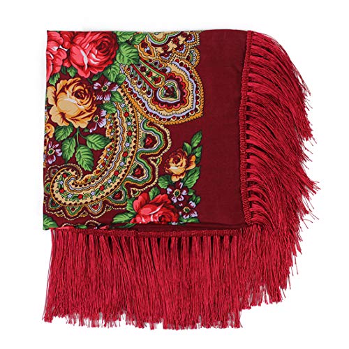 Gudessly Women's Traditional Scarf Wrap Tassel Fringes Neck Head Shawl Retro Scarf Floral Poncho Printing Square Cape 50inch - color: Wine Red