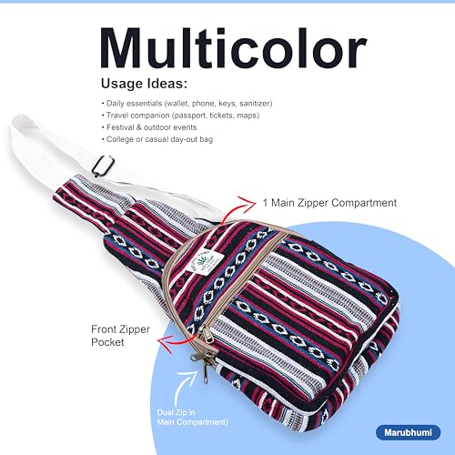Marubhumi Hemp Small Backpack Cross Body Shoulder Himalayan Bag Adjustable Strap Men and Women Sling Bag Lightweight Daypack