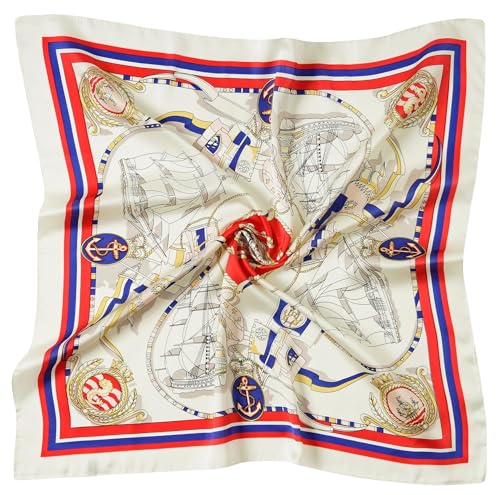 CHUNG Women's Scarf Hair Bandanas Square 27.5" Satin Wrap Fashion Pattern Scarves Emulation Silk Handbag Ribbons Necktie - color: Red Sailboat