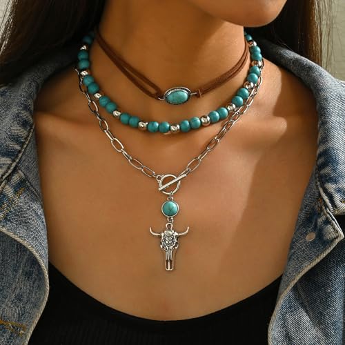Layered Boho Necklaces for Women Gold Coin Pendant Necklaces Stackable Turquoise Choker Necklace for Women Western Jewelry - style: Style 8