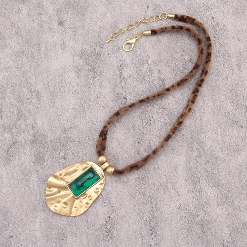 Boho Necklace for Women Adjustable Silicone Rope with Gold Beaded Pendant Chunky Handmade Vintage Jewelry - style: Vintage Green Stone Necklace