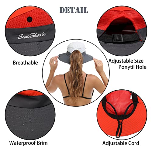 Womens Summer Sun Hat Beach Hat Wide Brim Outdoor UV Protection Hat Foldable Cool Mesh Ponytail Bucket Hat - color: Orange-grey