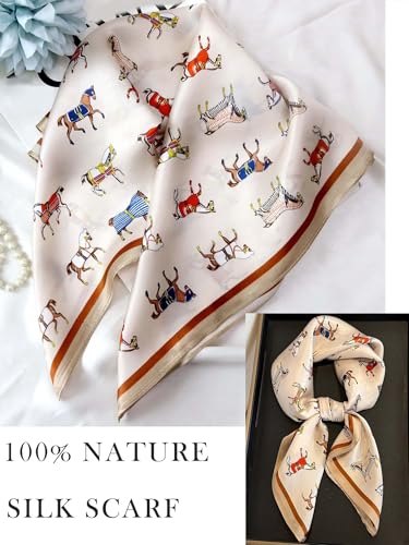 100% Mulberry Silk Scarf for Women Hair Lightweight Square Neckerchief Wrap For Head Scarves 21" - color: 19-horse (Cream Coloured) /21"*21"