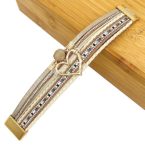 Womens Multi Layer Heart Leather Wrap Bracelet Boho Stackable Cuff Bangle Magnetic Clasp Crystal Birthday Valentine Gift - color: Khaki