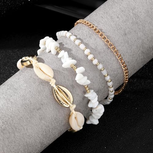 ZMANYIJEW Shell Ankle Bracelet Set for Women, Boho Pearl Adjustable Anklet,Beaded Layered Ankles Bracelets Shell Pendant Elastic Foot Chain Anklets for Women - style: 4pcs