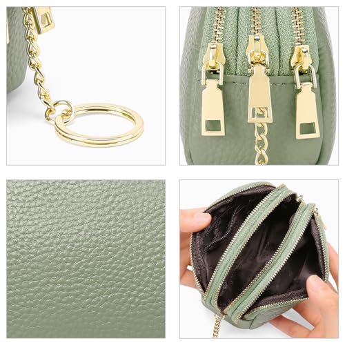 SENDEFN Small Coin Purse Leather 3 Zippered Change Pouch Wallet with Key Ring for Women - color: 1-Green