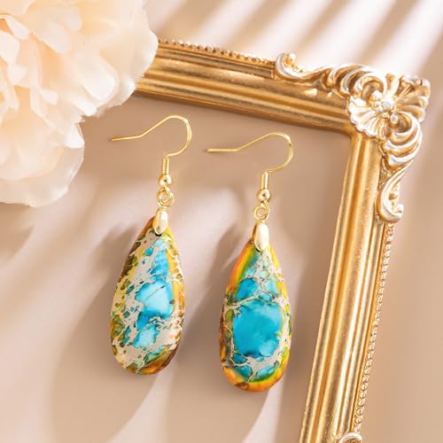 Stone Drop Earrings for Women Earrings Teardrop Jasper Stone Dangle Earrings - color: Blue&Orange-Golden Hook